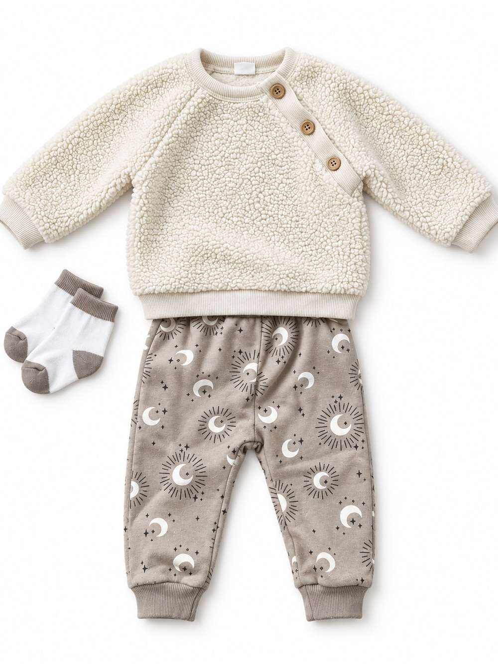 Cream Sherpa Top & Taupe Moon-Print Baby Set 🌙 ✨
